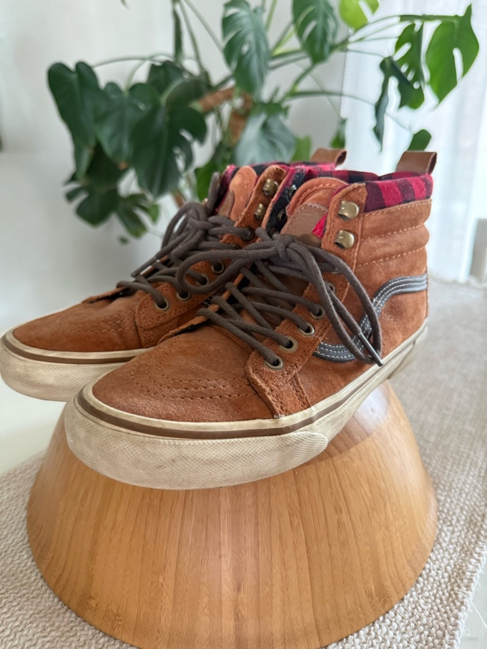 Vans SK8-Hi MTE Brown Suede High-Top Sneakers with Red Plaid Lining